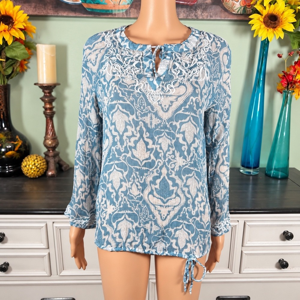 Chico's Blue White Embroidered Blouse Boho Coastal Resort Tunic Top Sheer